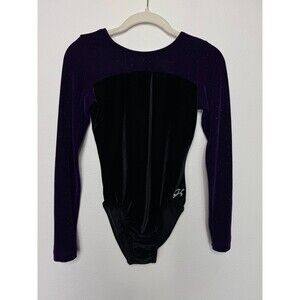 GK Elite Med Velvet Leotard Purple Black Colorblock Long Sleeve Sparkle Glitter